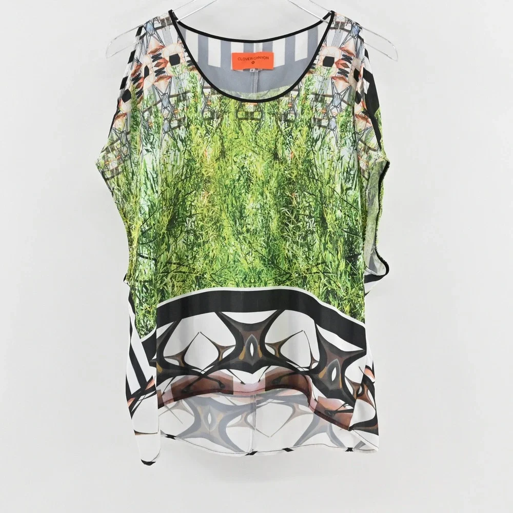 Clover Canyon Womens Graphic Print Blouse Size S Multicolor Abstract Green Black - Picture 1 of 12